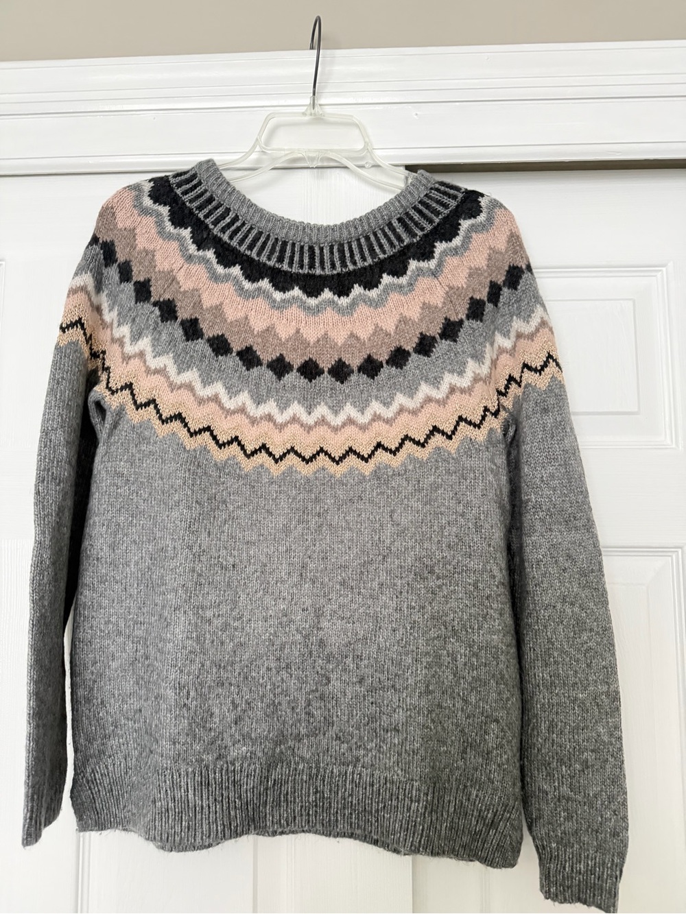Sonoma Gray Fair Isle Crewneck Sweater with Pink and Black Accents